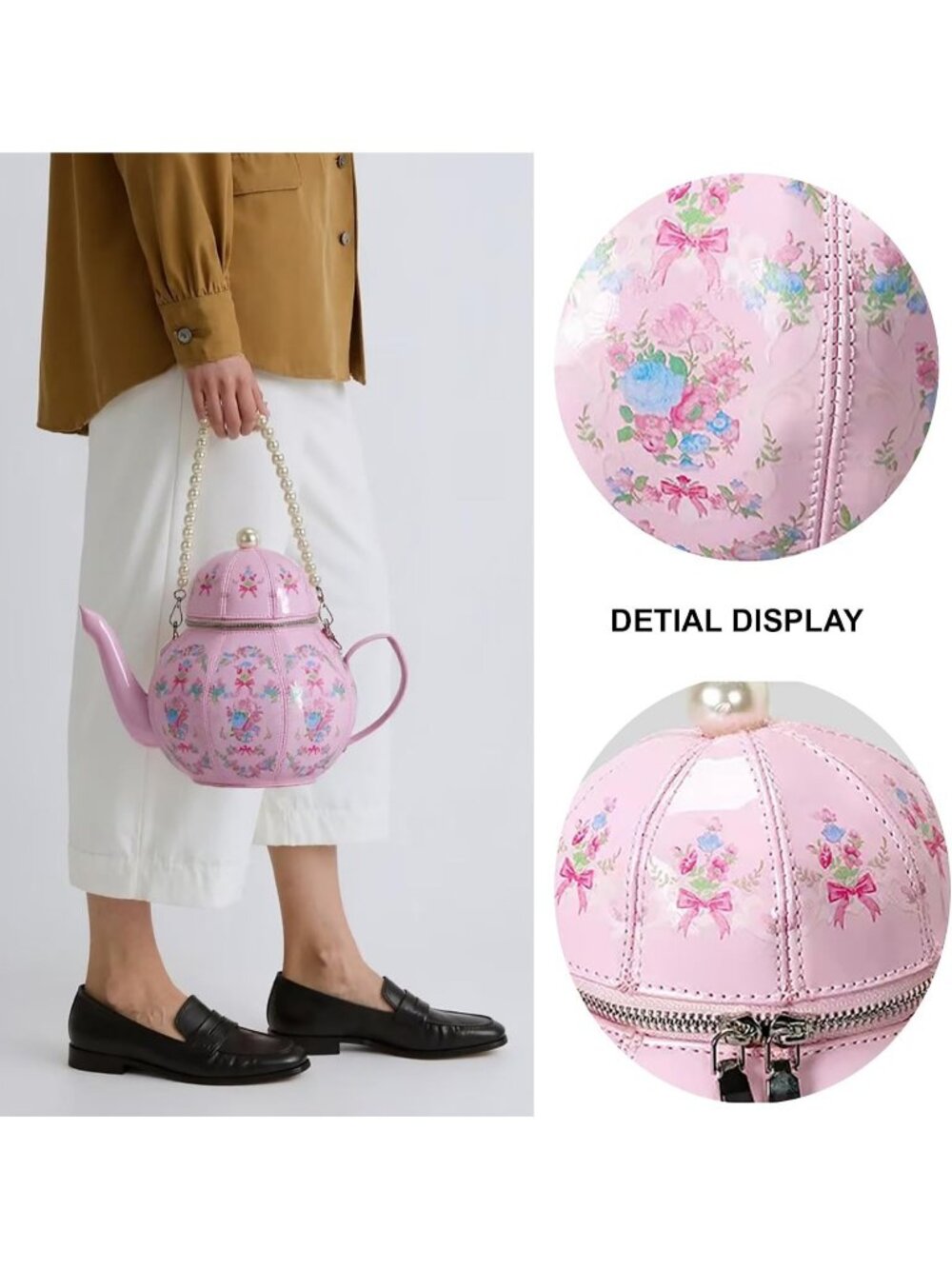 Women’s Teapot Blue Purse Floral Pu Leather Crossbody Bag With Pearl Chains - Picture 6 of 6
